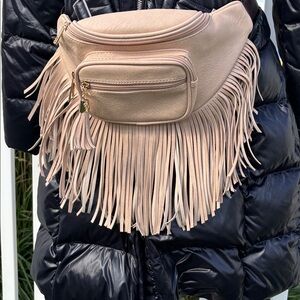 Fanny Pack Fringed, NWOT Faux Light Tan Leather, 14” x 7”x 3”, Adjustable Belt